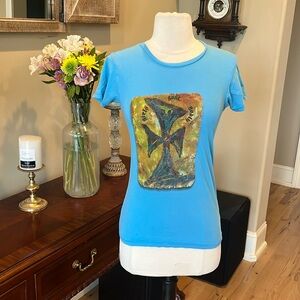 Babydoll Cotton Blue Graphic T-Shirt Cross with Artistic Design